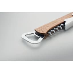 A corkscrew with a wooden handle and a silver bottle opener. It features a spiral for cork extraction.