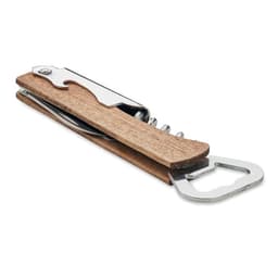 A corkscrew and bottle opener with a wooden handle and stainless steel components. It has a sleek, compact design.