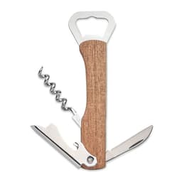 A multi-tool featuring a wooden handle, bottle opener, corkscrew, and knife blade in stainless steel.
