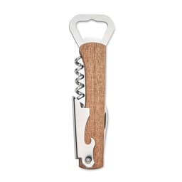 A corkscrew with a wooden handle, combined with a bottle opener and blade, featuring a sleek metallic finish.