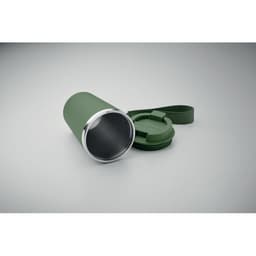 A drink bottle in matte olive green with a silver rim and a detachable lid attached by a strap.