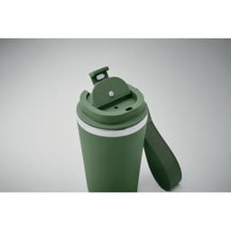 A drink bottle in a dark green colour with a flip-top lid and a carrying strap, featuring a logo.