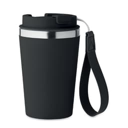 A black drink bottle with a stainless steel rim and a black strap for carrying. It features a lid with an opening.