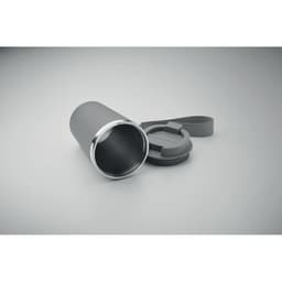 A drink bottle in grey with a silver rim, featuring a removable lid and carrying strap. Branding is present.