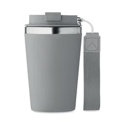 A drink bottle in light grey with a stainless steel interior and a grey strap. It features a sleek design.