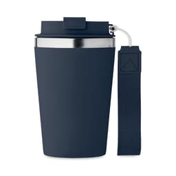 A drink bottle in navy blue with a stainless steel interior and a textured grip, featuring a strap for easy carrying.