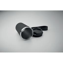 A drink bottle in matte black with a metallic rim and a removable lid, featuring a carrying strap.