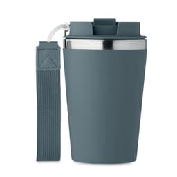 A drink bottle in a dark grey colour with a silver band and a removable strap for easy carrying.