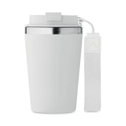 A drink bottle in white with a stainless steel lid and a white strap for carrying. Features a simple, stylish design.