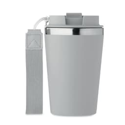 A drink bottle in grey with a silver lid and a matching strap, featuring a logo.
