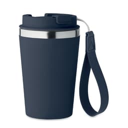 A drink bottle in dark navy with a stainless steel rim and a matching strap for easy carrying.