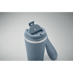 A drink bottle in a light blue colour with a grey strap and a flip-top lid. It features a logo on the side.