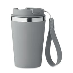 A drink bottle in grey with a stainless steel rim and a grey strap. It features a sleek, modern design.