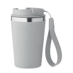 A drink bottle in light grey with a silver lid and a matching grey carrying strap attached. It features a logo.