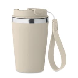A drink bottle in a light beige colour with a stainless steel lid and a fabric carrying strap. It has a logo.