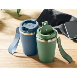 A drink bottle set featuring one blue and one green bottle, both with silver accents and removable lids.