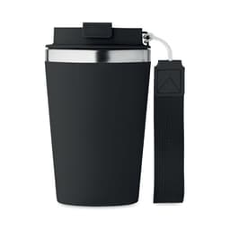A drink bottle with a black silicone exterior, stainless steel rim, and a detachable strap for easy carrying.
