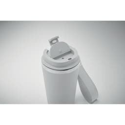 A drink bottle in white with a grey handle and a flip-top lid design, featuring a logo on the body.