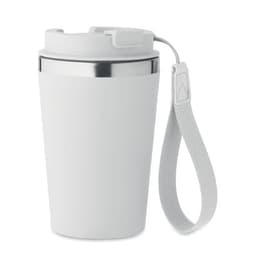 A drink bottle in white with a stainless steel band and a grey strap for easy carrying.