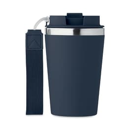 A drink bottle in navy blue with a stainless steel lid and a fabric strap. It features a logo on the side.