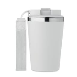 A drink bottle in white with a stainless steel lid and a grey strap attached. It features a logo on the side.