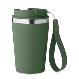 A drink bottle in a dark green colour with a stainless steel rim and a removable strap. It features a logo.