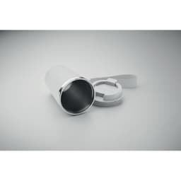 A drink bottle in white with a silver lid and removable cap, featuring a carrying strap.