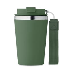 A drink bottle in matte olive green with a stainless steel rim and a detachable strap. It features a lid.