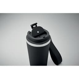 A drink bottle in matte black with a wide opening and a removable cap, featuring a strap.