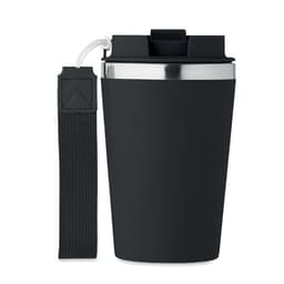 A drink bottle in matte black with a stainless steel rim and a black strap attached. It features a branding logo.