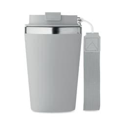 A drink bottle in a light grey colour with a stainless steel interior and a grey strap. It features a sleek design.