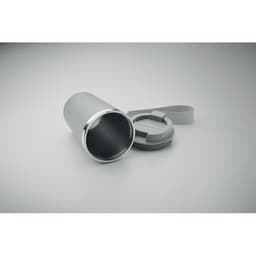 A drink bottle in silver with a removable lid and a carrying strap. It has a sleek, modern design.