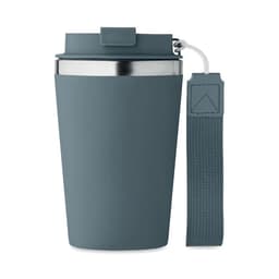 A drink bottle in a matte grey colour with a stainless steel interior and a removable strap. It has a logo.