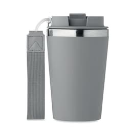 A drink bottle in grey with a silver lid and a textured strap for easy carrying. Features a logo.