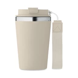 A drink bottle in a pale beige colour with a stainless steel interior and a coordinating strap. It has a logo.