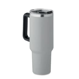 A drink bottle in grey with a black handle and a silver lid, featuring a clear sliding closure.