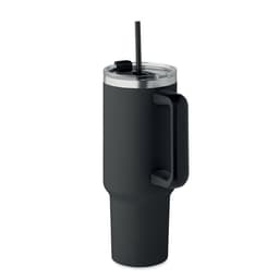 A drink bottle in matte black with a clear lid, straw, and a sturdy handle.