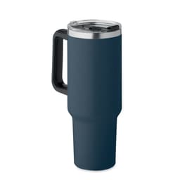 A drink bottle in navy blue with a silver lid and a black handle. It has a sleek, tall design.