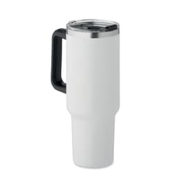 A drink bottle in white with a black handle and a clear lid, featuring a sleek and minimalist design.