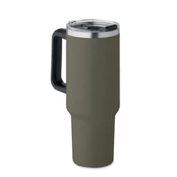 A drink bottle in a matte olive green colour with a black handle and a silver lid.