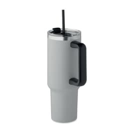 A drink bottle in grey with a black handle and a straw, featuring a clear lid.