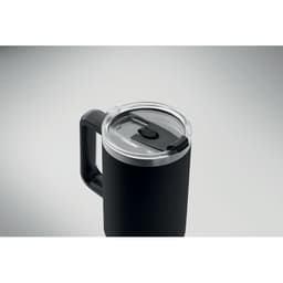 A drink bottle with a matte black finish and a clear, secure lid featuring a sliding opening mechanism.