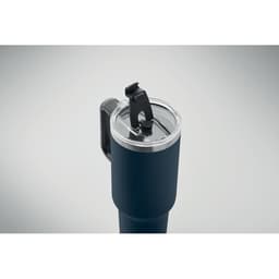 A drink bottle in navy blue with a clear lid and a black flip-top spout, featuring a handle.