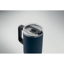 A drink bottle with a dark blue exterior and a clear lid featuring a black sliding opening mechanism.
