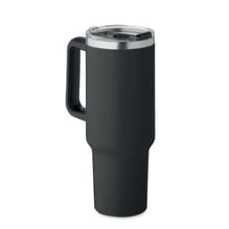 A drink bottle in matte black with a handle and a silver metallic lid. It has a sleek, tapered design.