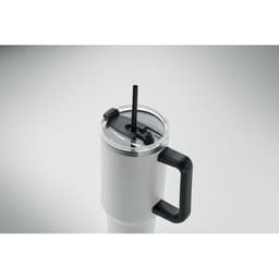 A drink bottle with a white body, black handle, and clear lid featuring a straw. It has a simple, modern design.
