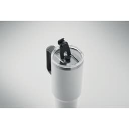 A drink bottle in white with a clear lid and black flip-top opening, featuring a handle and a logo.