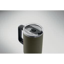 A drink bottle in olive green with a handle and a clear lid featuring a sliding opening mechanism.