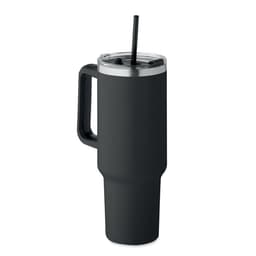 A drink bottle in matte black with a silver lid and a black straw, featuring a handle for easy grip.