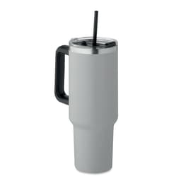 A drink bottle featuring a grey body, black handle, and a straw. It has a sleek, modern design and a lid.